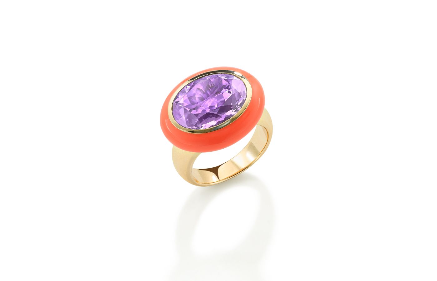 Robinson Pelham Arena ring with a 7.96-carat amethyst surrounded by orange enamel in 14k yellow gold 