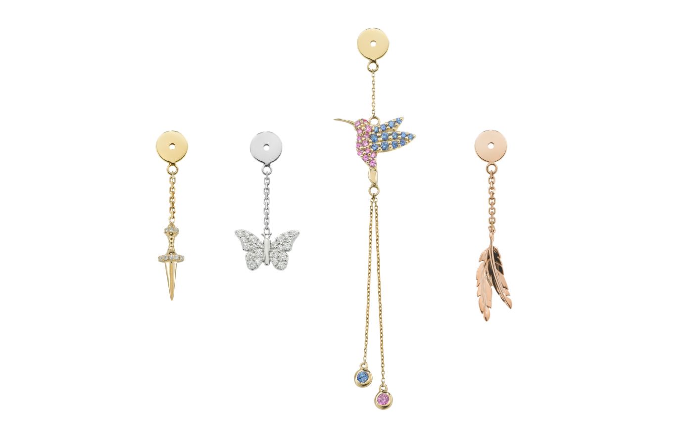  Robinson Pelham WishBacks, including the long Hummingbird version with pink and blue sapphires in 14k gold