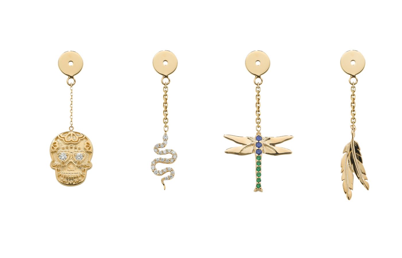  Robinson Pelham earring WishBacks featuring diamond and coloured gemstone-set skulls, snakes and dragonflies