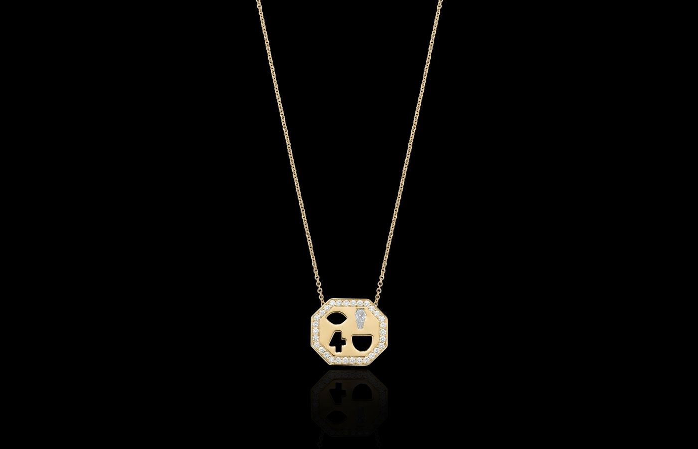 Robinson Pelham Eye Die 4 U pendant with a coffin-shaped custom-cut diamond in 18k yellow gold, part of the Love Is All Around collection