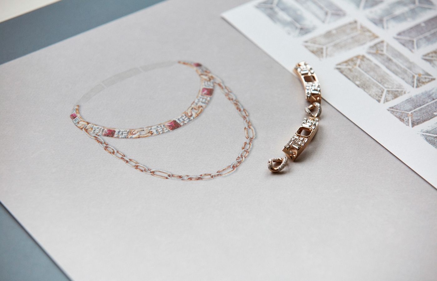  Gouache drawing of the Pomellato Castello necklace in rose and white gold, rubellites and diamonds from the Ode to Milan High Jewellery collection