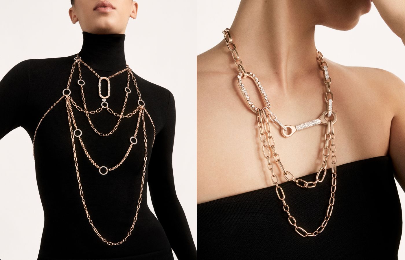 Models wearing Pomellato Lirica and Sipario necklaces in rose gold and diamonds from the Ode to Milan High Jewellery collection