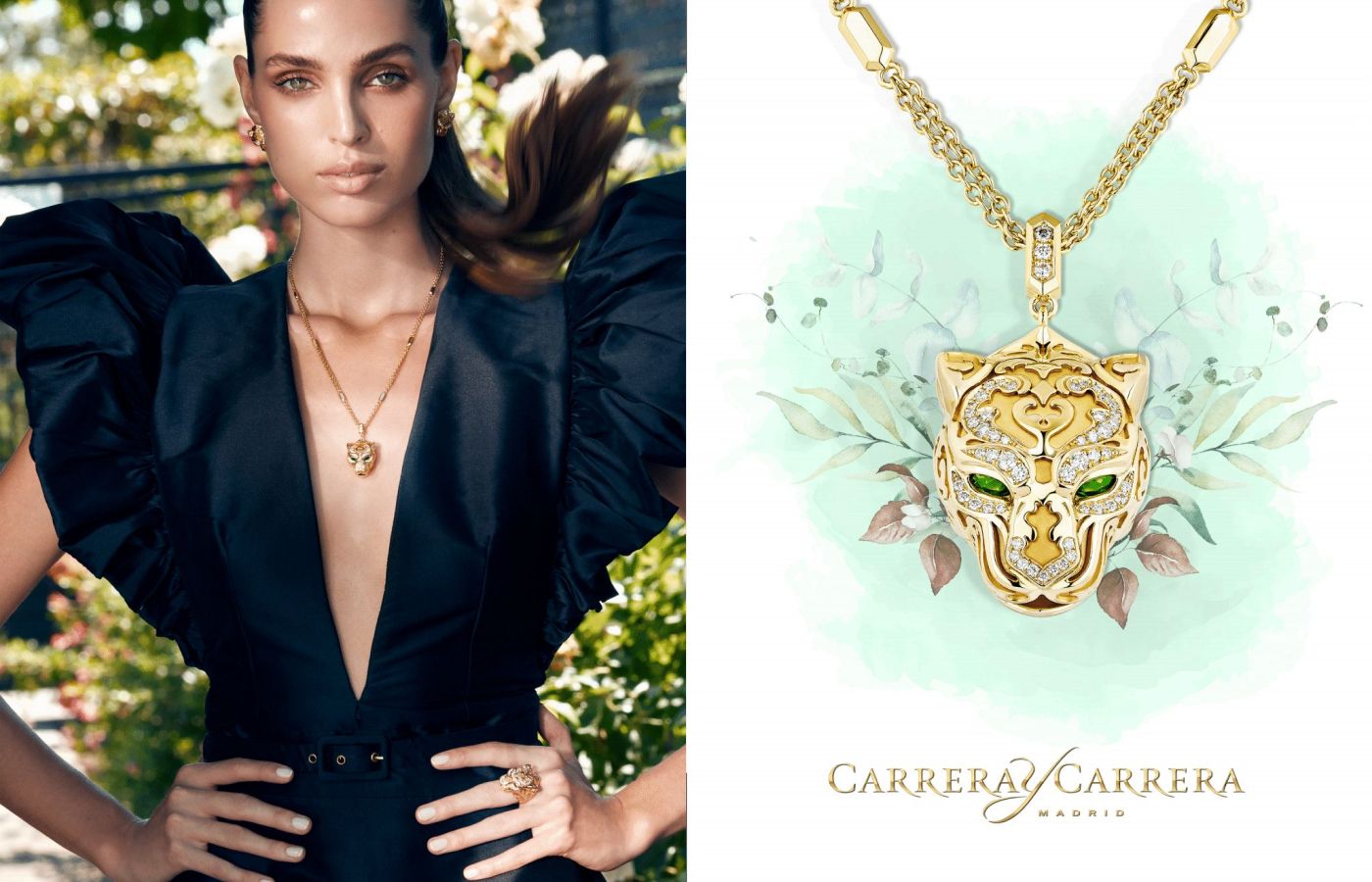 A model wears the Carrera y Carrera Zodaria pendant from the Origen collection, set with diamonds and emeralds in 18k gold