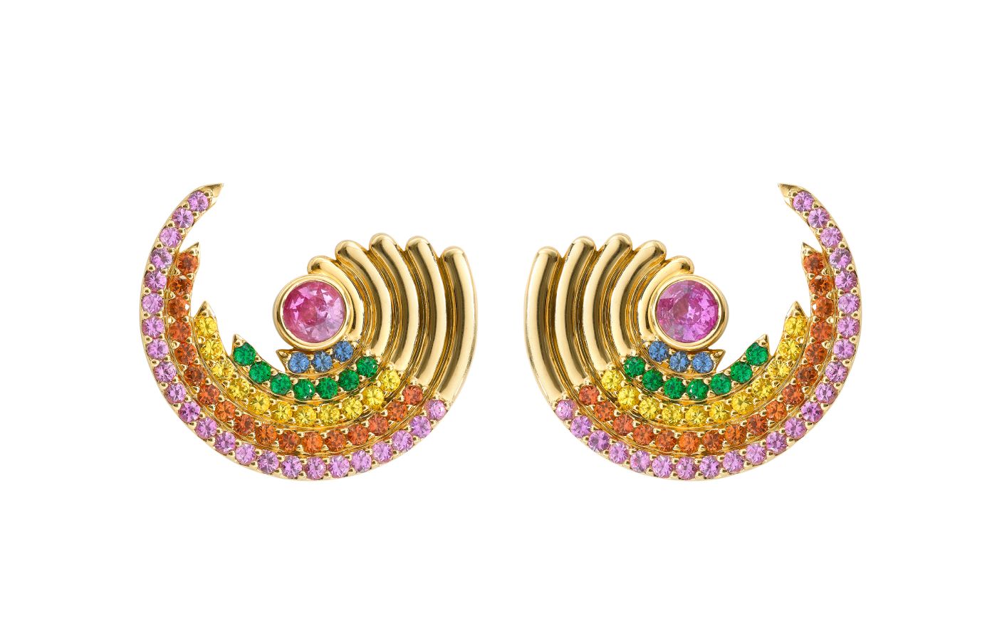 Robinson Pelham Zouk Large Rainbow earrings in in 18k yellow gold with rainbow sapphires and tsavorites
