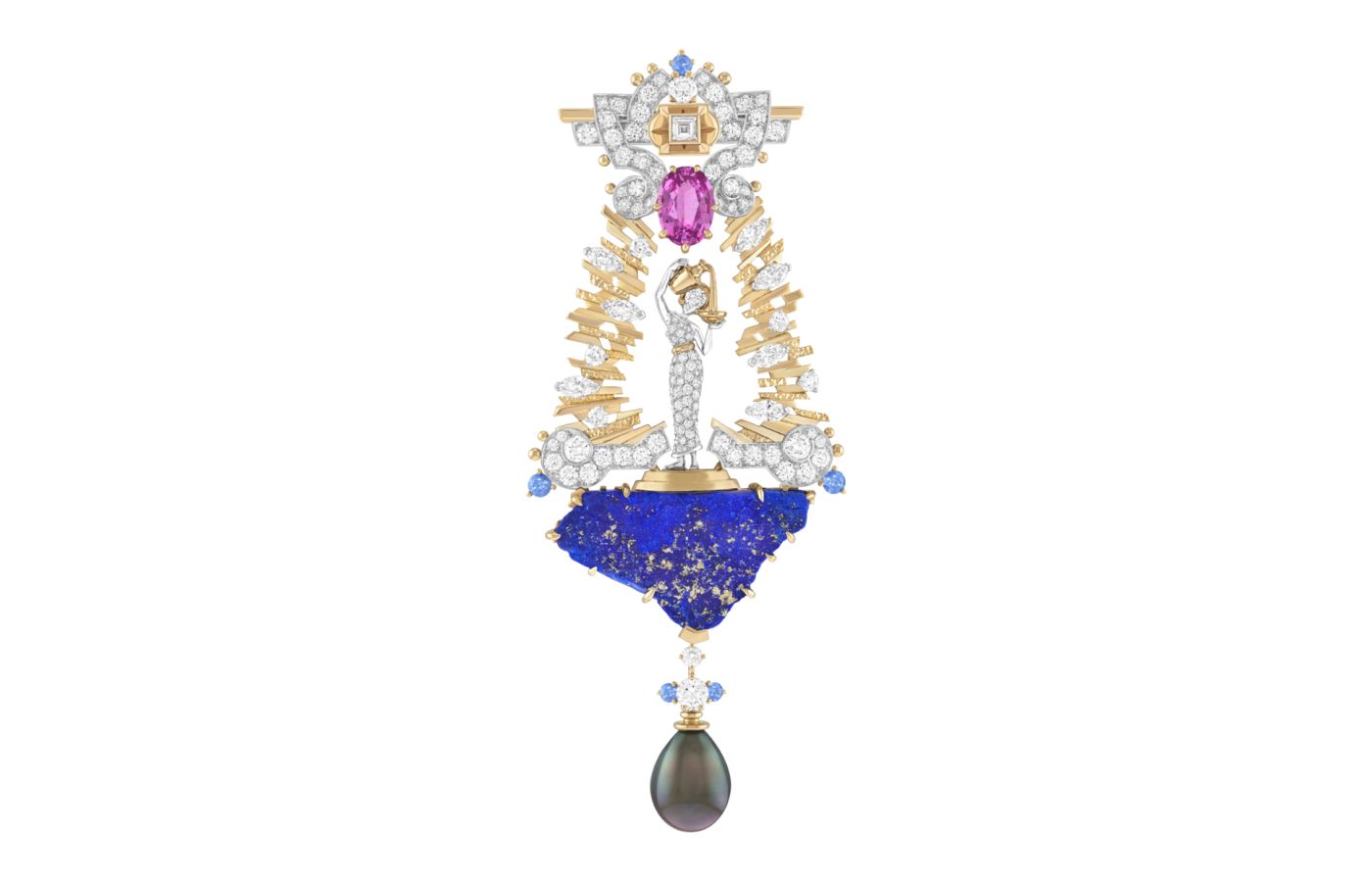 Van Cleef & Arpels Dea Eterna clip in gold, white gold, rose gold, featuring a 3.47-ct oval-cut pink sapphire, blue sapphires, lapis lazuli, gray cultured pearl and diamonds from Le Grand Tour High Jewellery Collection