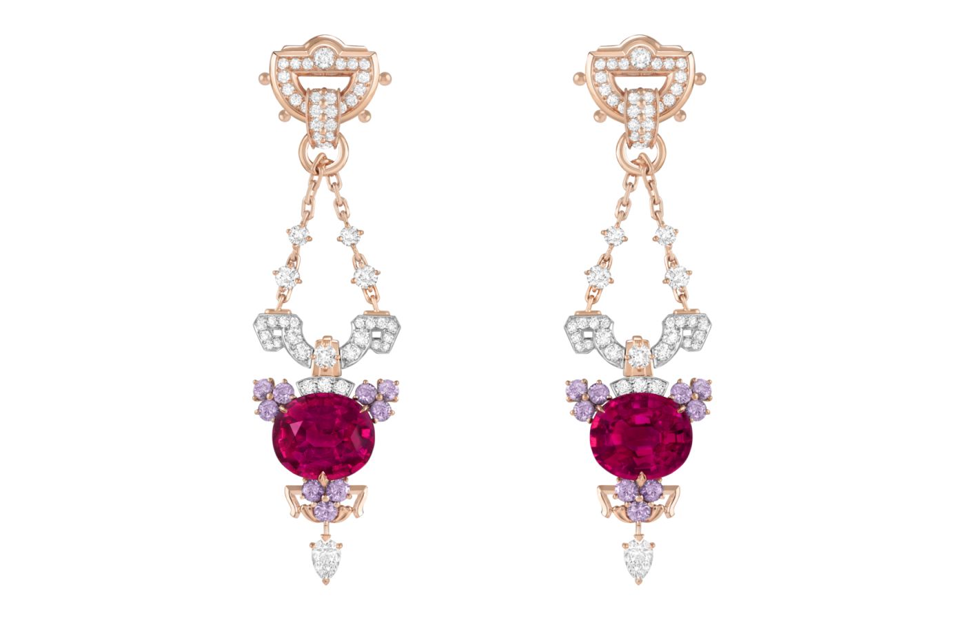 Van Cleef & Arpels Lucendi earrings in rose gold, white gold, two oval-cut rubellites weighing 11.48-cts and 10.14-cts, mauve sapphires and diamonds from Le Grand Tour High Jewellery collection