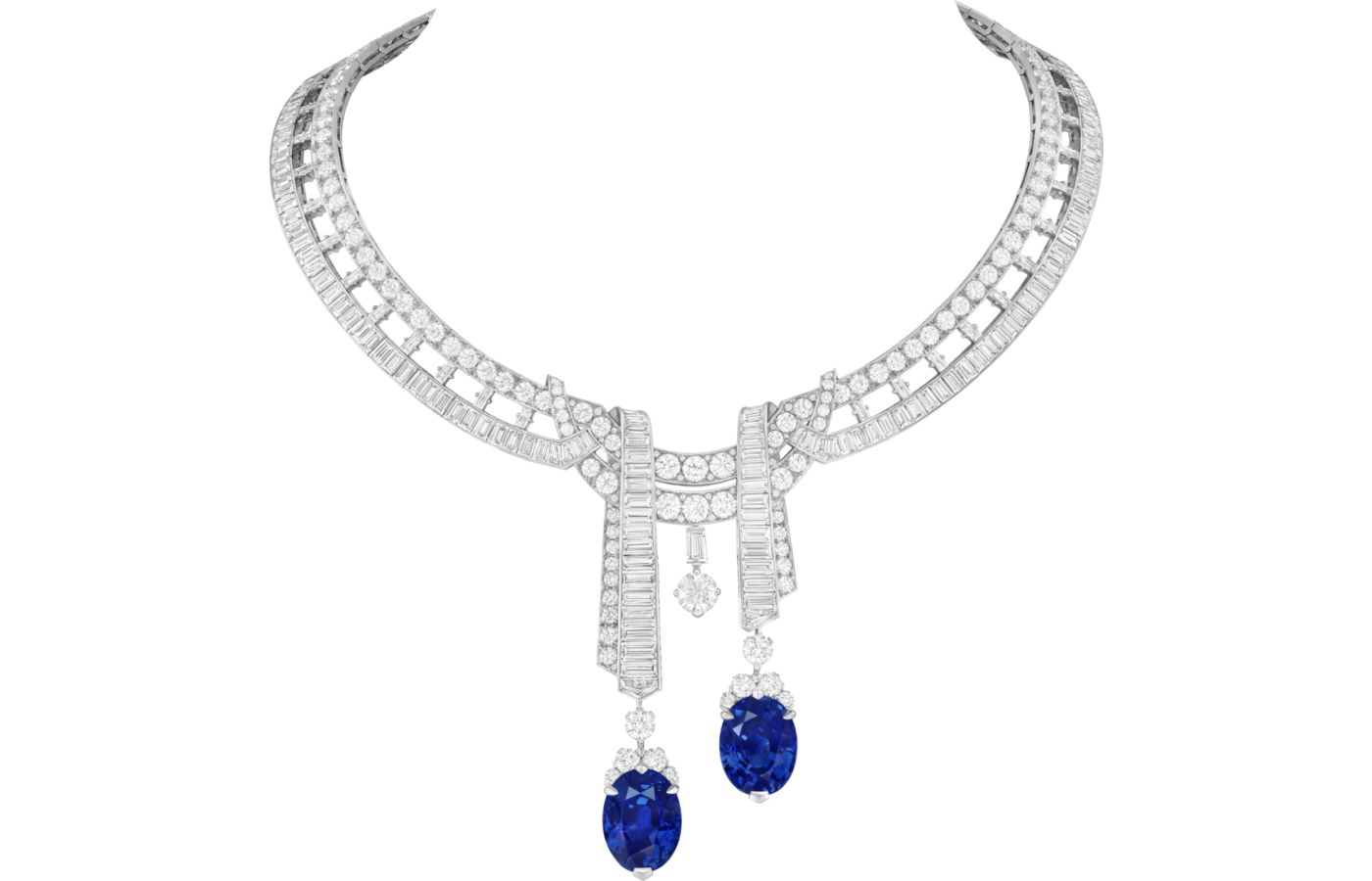  Van Cleef & Arpels Josiah transformable necklace in white gold, diamond and two oval-cut sapphires weighing 25.10.cts and 21.78-cts from Le Grand Tour High Jewellery collection  
