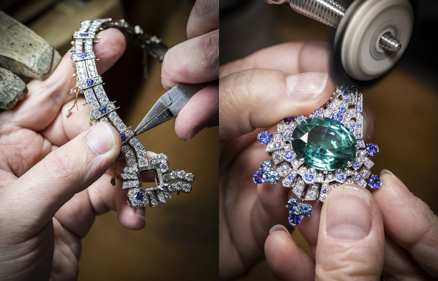 Making of the Van Cleef & Arpels Regina Montium transformable necklace in white gold, featuring a 27.70-ct oval-cut blue-green tourmaline, a 16.26-ct cushion-cut blue-green tourmaline, sapphires, aquamarines, tanzanites, and diamonds from Le Grand Tour High Jewellery collection