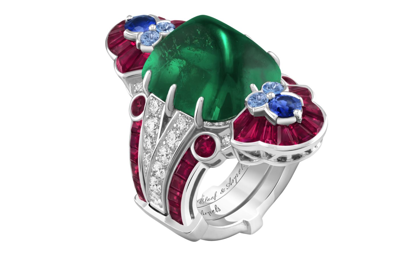  Van Cleef & Arpels Jeu De Colombage transformable ring in white gold, a 13.35-ct sugar loaf emerald, rubies, sapphires and diamonds from Le Grand Tour High Jewellery collection