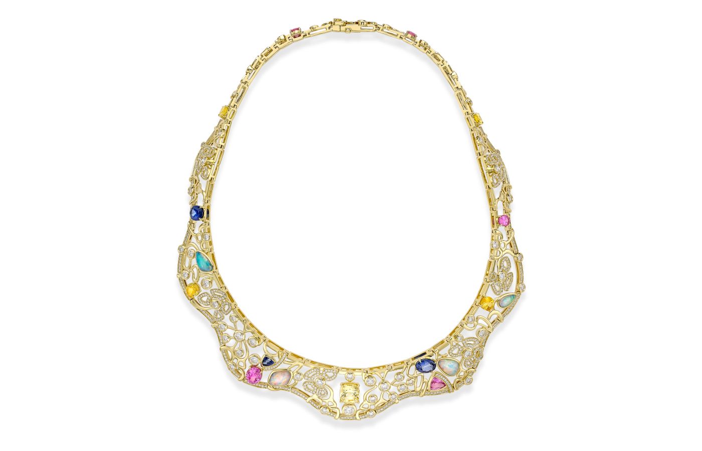 Boodles Barcelona necklace in gold, multi-coloured sapphires, opals and diamond from the Around Europe in 10 Days High Jewellery collection
