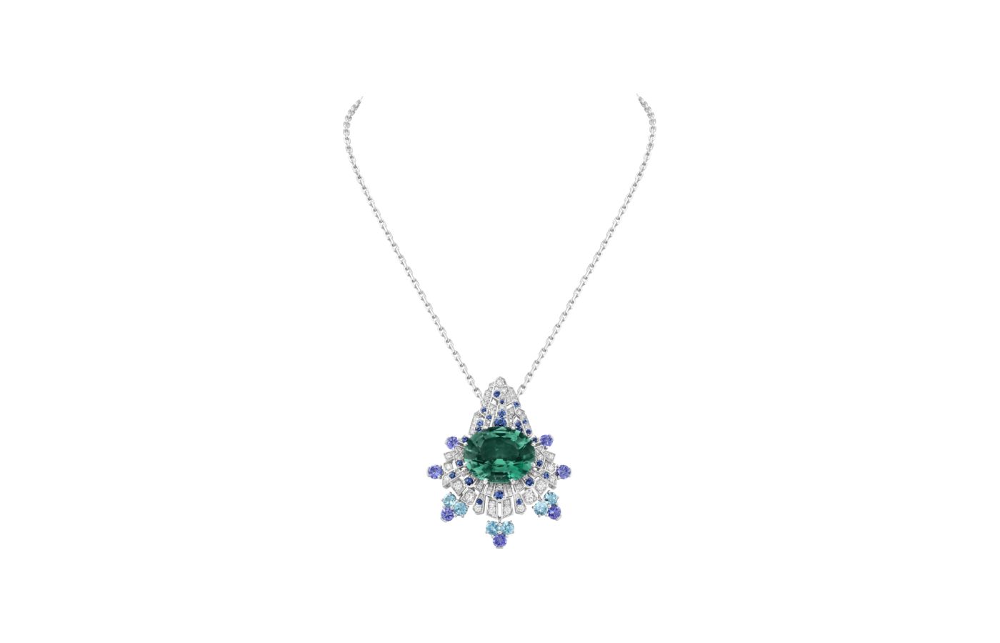 The detachable 27.70-ct oval-cut blue-green tourmaline from the Regina Montium transformable necklace can be worn as a pendant