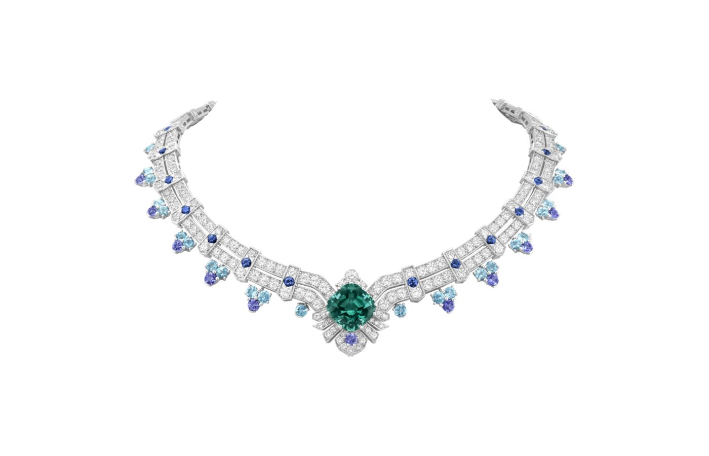 The Van Cleef & Arpels Regina Montium transformable necklace can also be worn as a chocker without the detachable 27.70-ct oval-cut blue-green tourmaline 