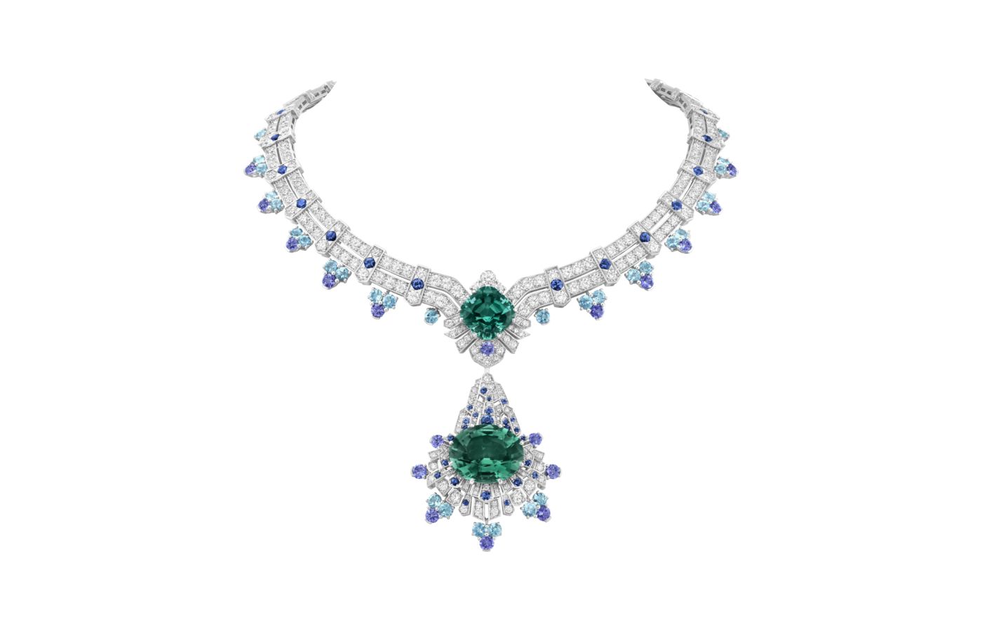Van Cleef & Arpels Regina Montium transformable necklace in white gold, featuring a 27.70-ct oval-cut blue-green tourmaline, a 16.26-ct cushion-cut blue-green tourmaline, sapphires, aquamarines, tanzanites, and diamonds from Le Grand Tour High Jewellery collection