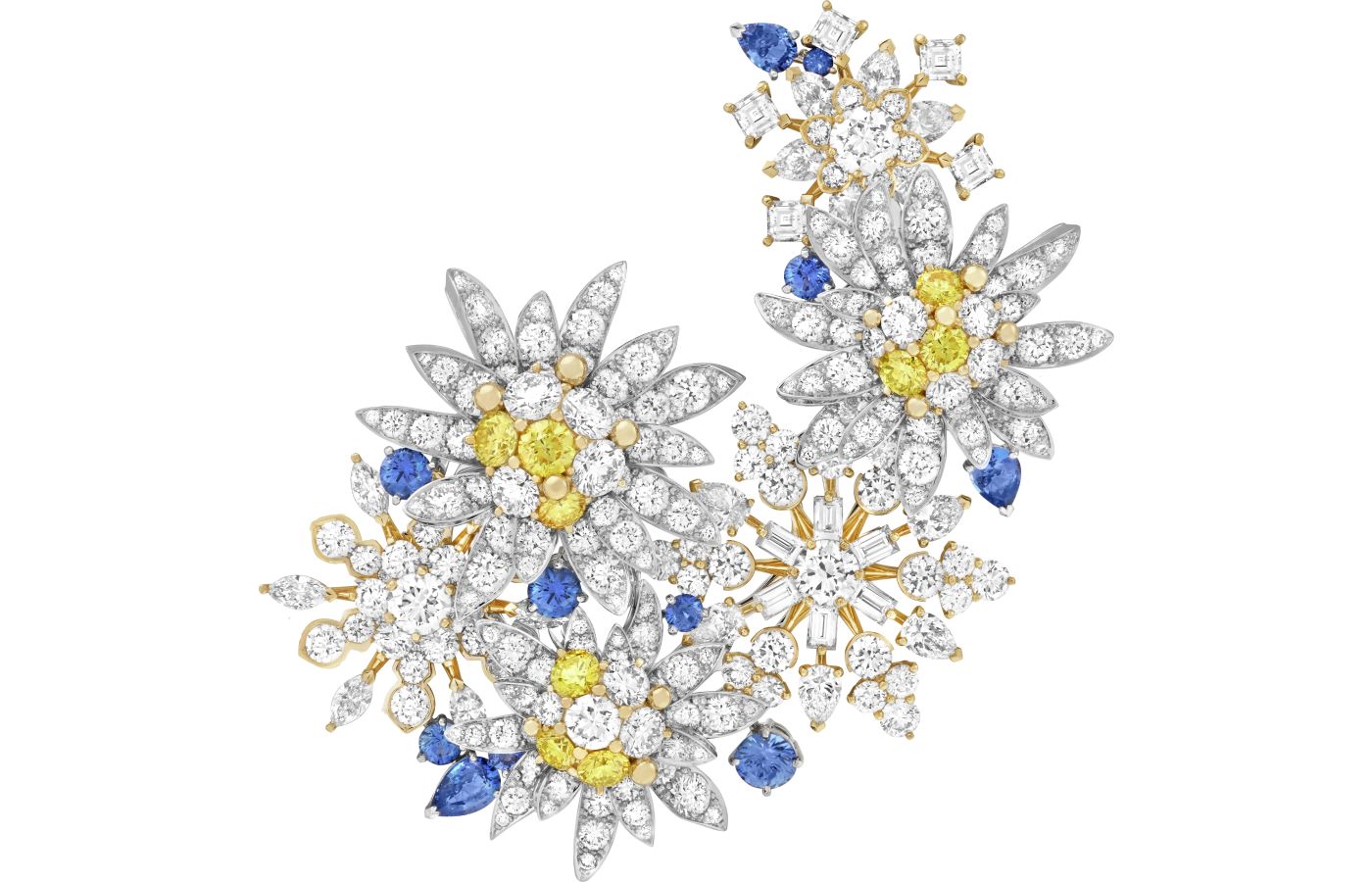 Van Cleef & Arpels Étoile des Glaciers clip in gold, white gold, sapphires, white and yellow diamonds from Le Grand Tour High Jewellery collection