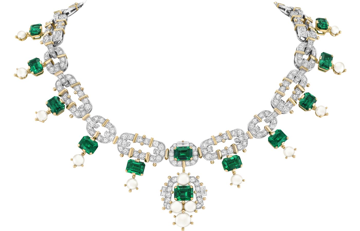 Van Cleef & Arpels Perla di Angelo necklace in gold, white gold, emerald-cut emeralds, white natural pearls and diamonds from Le Grand Tour High Jewellery collection