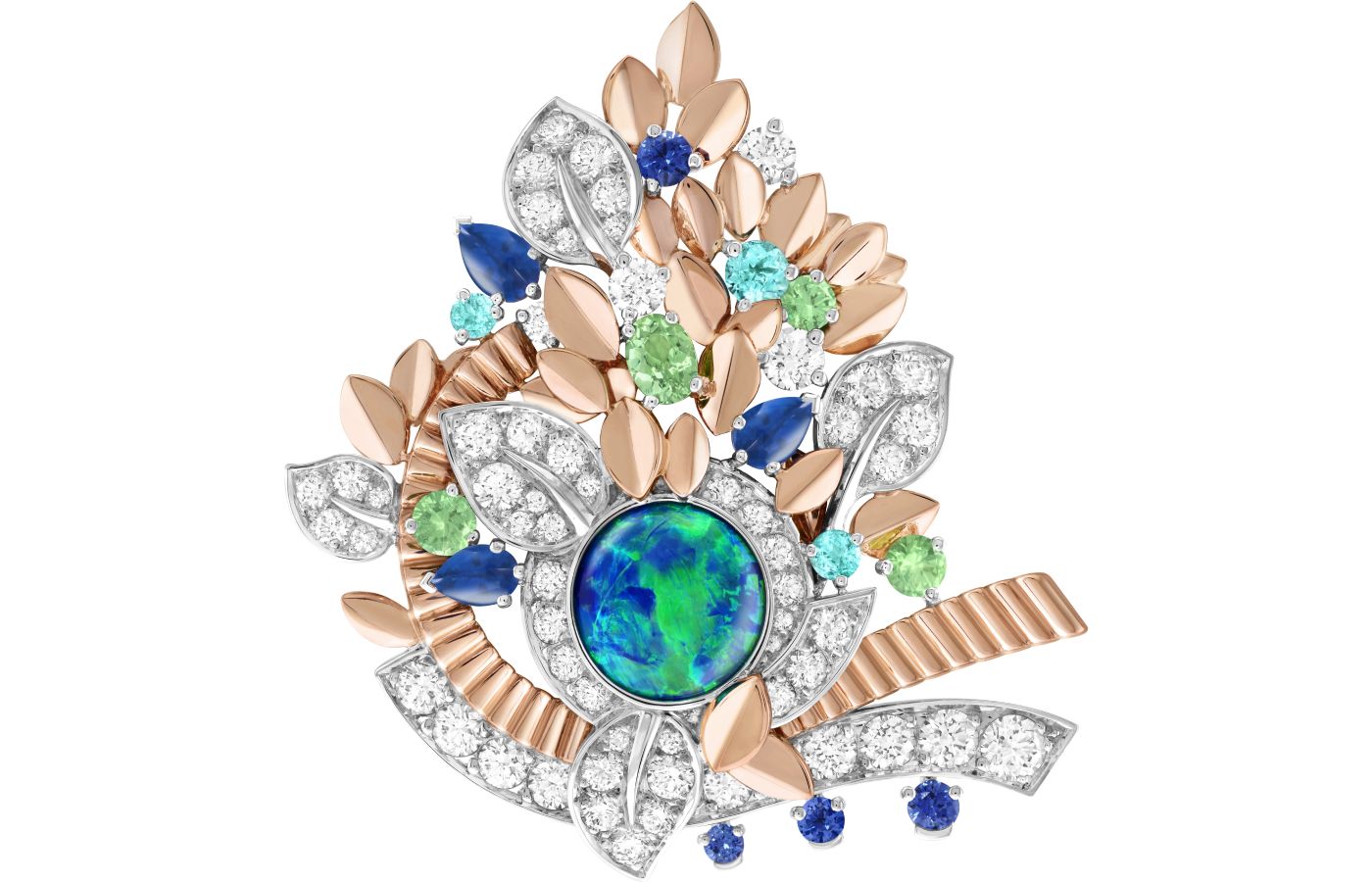 Van Cleef & Arpels Symphonie De L'Eau clip in white gold, rose gold, a 5.88-ct black opal cabochon, sapphires, tsavorites, green tourmalines and diamonds from Le Grand Tour High Jewellery collection