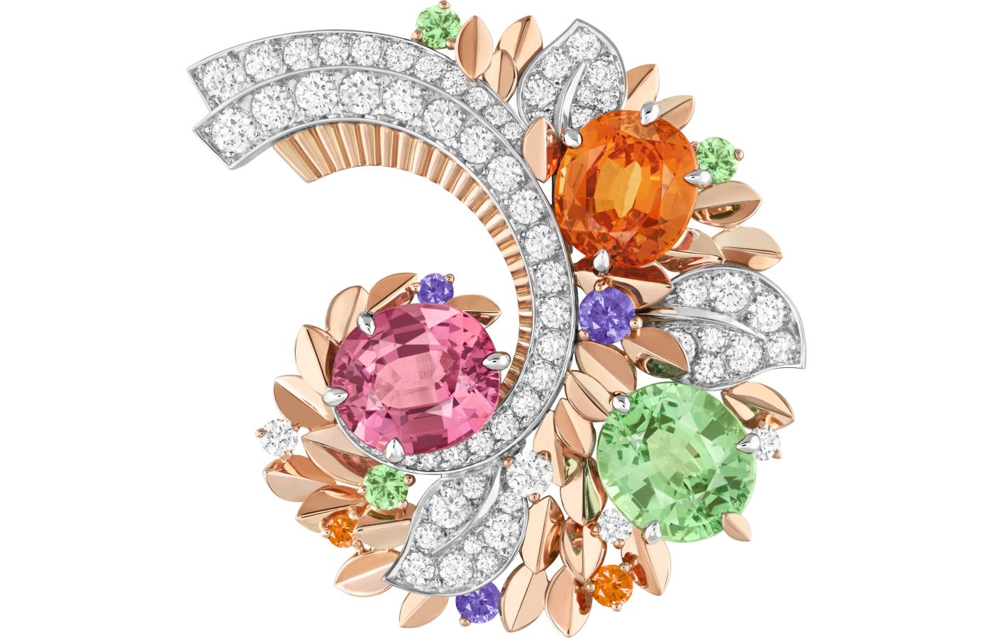 Van Cleef & Arpels Symphonie Florale clip in white gold, rose gold, a 8.10-ct oval-cut spessartite garnet, a 7.01-ct oval-cut tsavorite garnet, a 7.31-ct oval-cut pink garnet, tsavorites, spessartite garnets, mauve sapphires and diamonds from Le Grand Tour High Jewellery collection