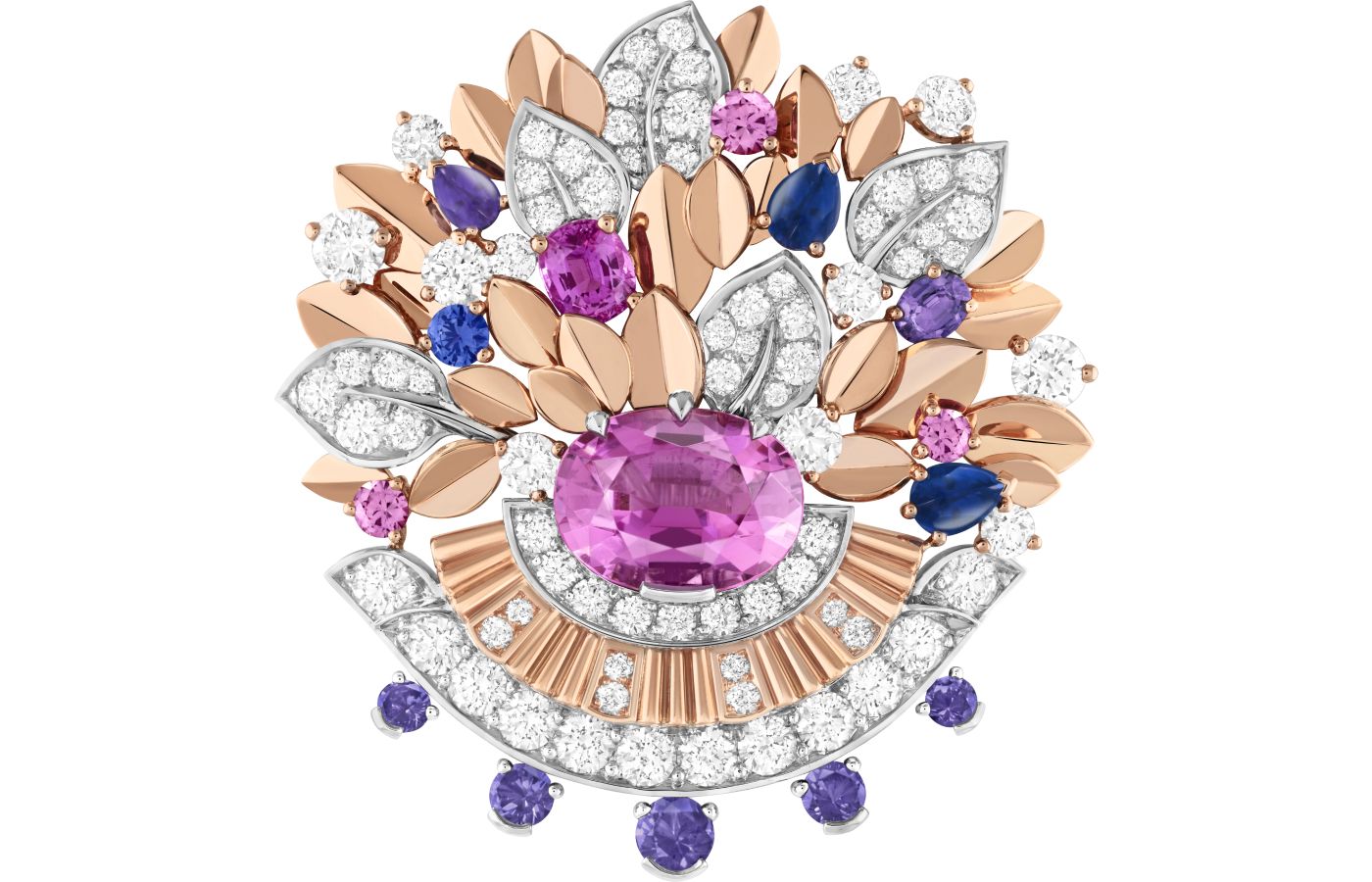 Van Cleef & Arpels Symphonie Végétale clip in white gold, rose gold, a 4.81-ct oval-cut pink tourmaline, coloured sapphires and diamonds from Le Grand Tour High Jewellery collection