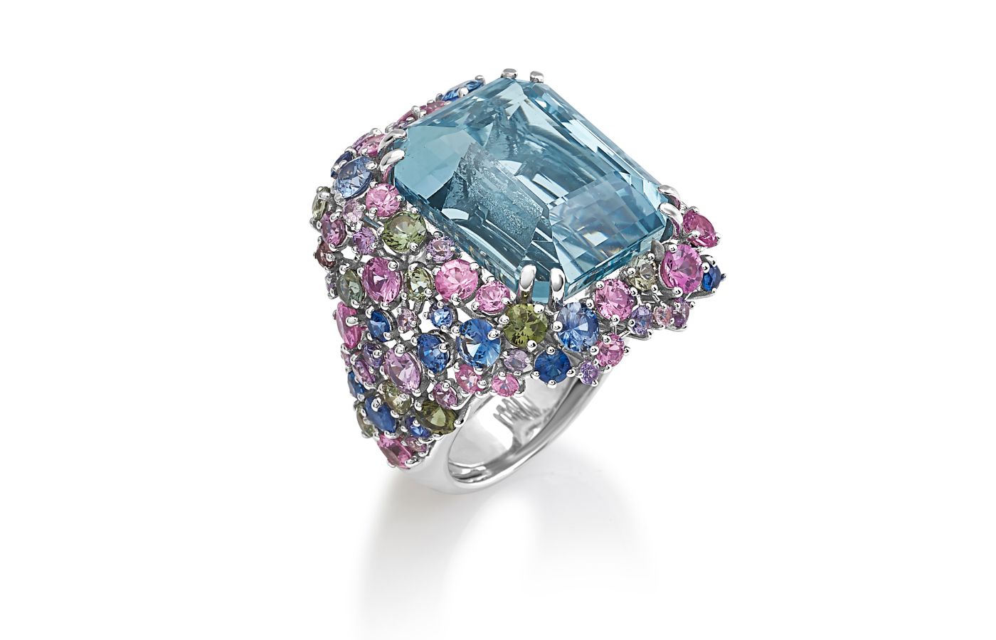 Miseno One of a Kind high jewellery ring in 18k white gold with white diamonds, 5.35-carats of multi-coloured sapphires, and an aquamarine centre stone of 20.33 carats