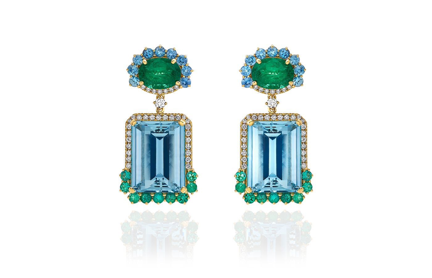 Miseno One of a Kind high jewellery earrings in 18k yellow gold with white diamonds, blue sapphires, emeralds, and 41.46 carats of aquamarine 