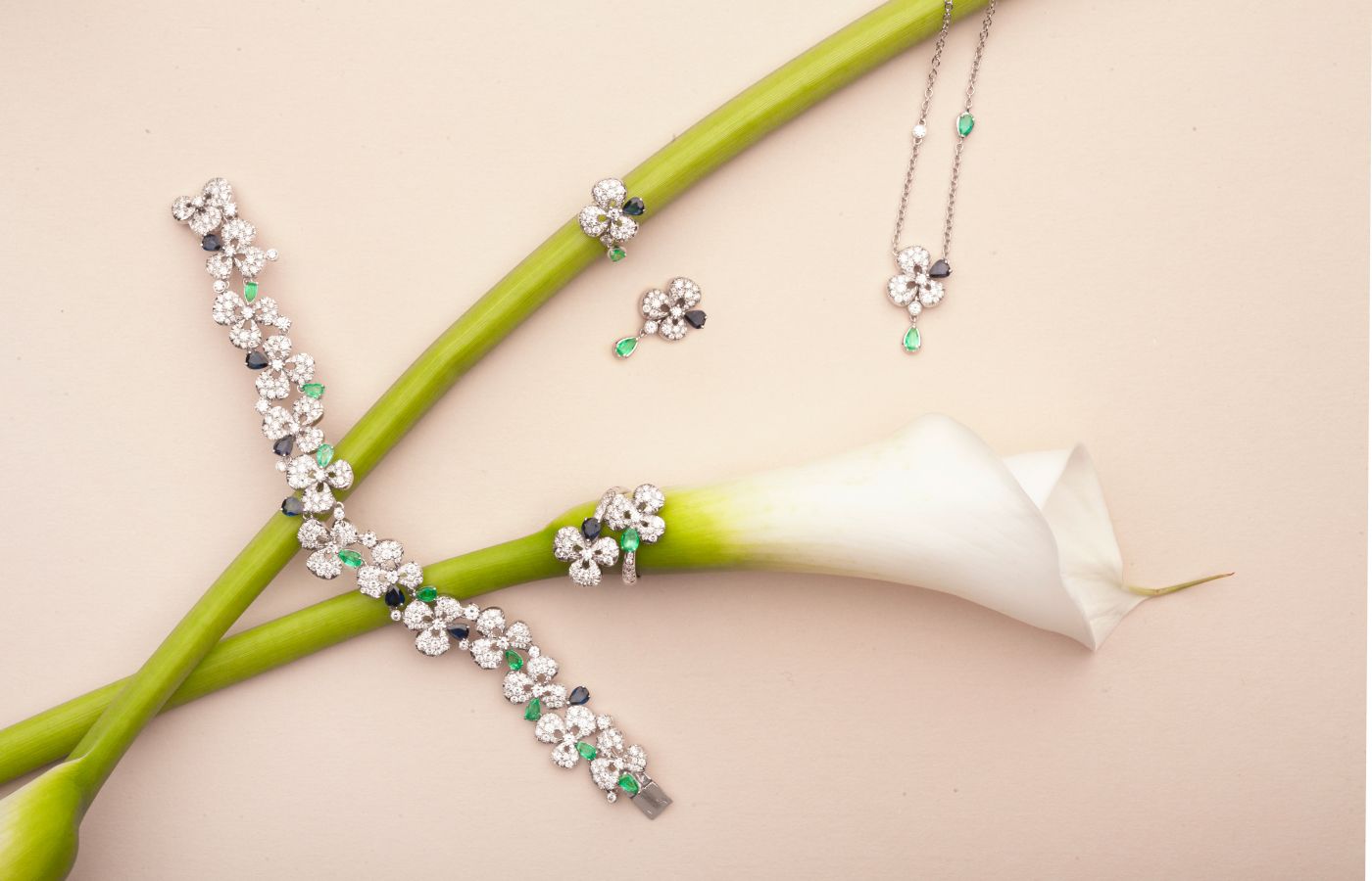  Miseno Ischia matching suite, including a bracelet, earrings, ring and necklace, set with diamonds, sapphires and emeralds in 18k white gold 