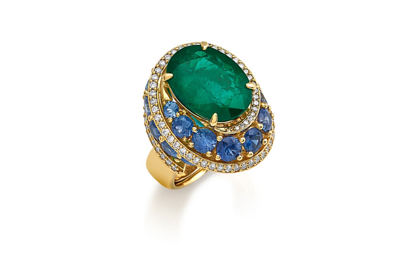 Miseno One of a Kind high jewellery ring in 18k yellow gold with white diamonds, 4.86-carats of blue sapphires, and an oval-shaped emerald of 7.46 carats