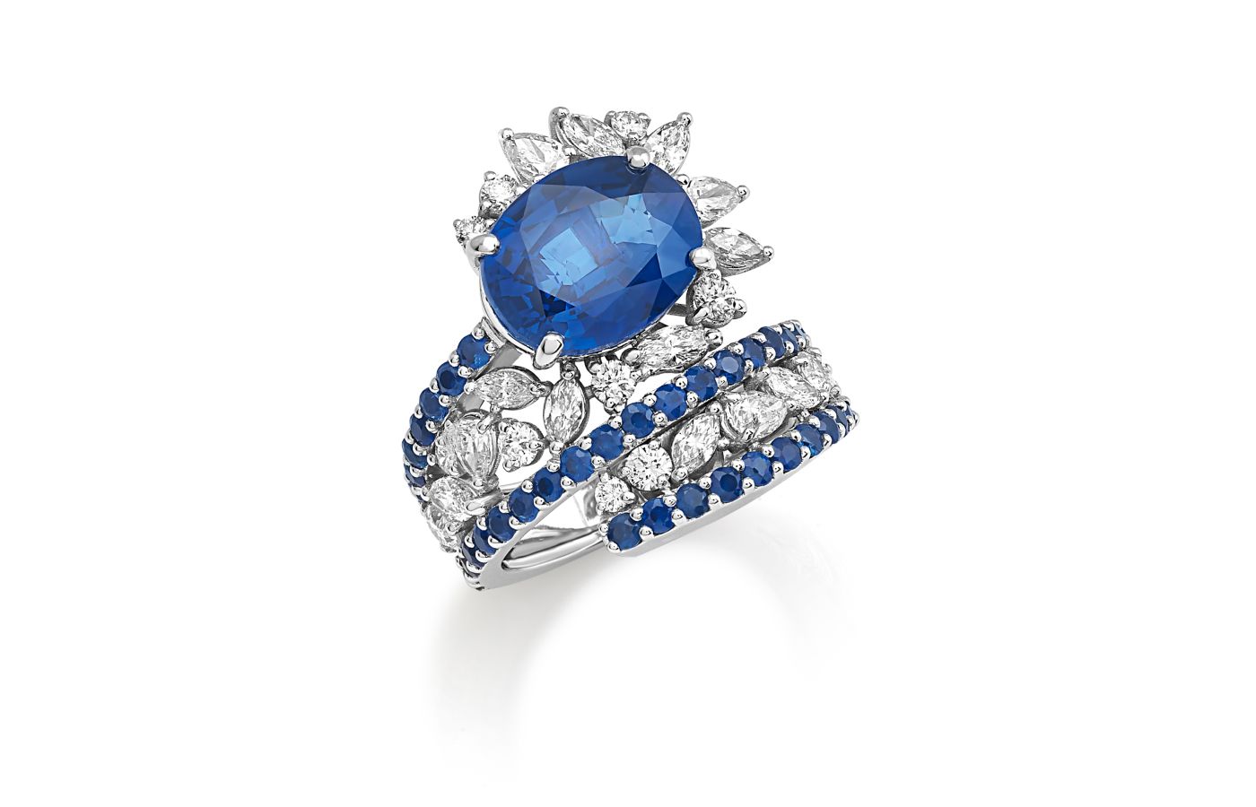 Miseno One of a Kind high jewellery ring in 18k white gold with 2.06-carats of white diamonds, 1.71-carats of blue sapphires and an oval-shaped central sapphire of 7.34-carats