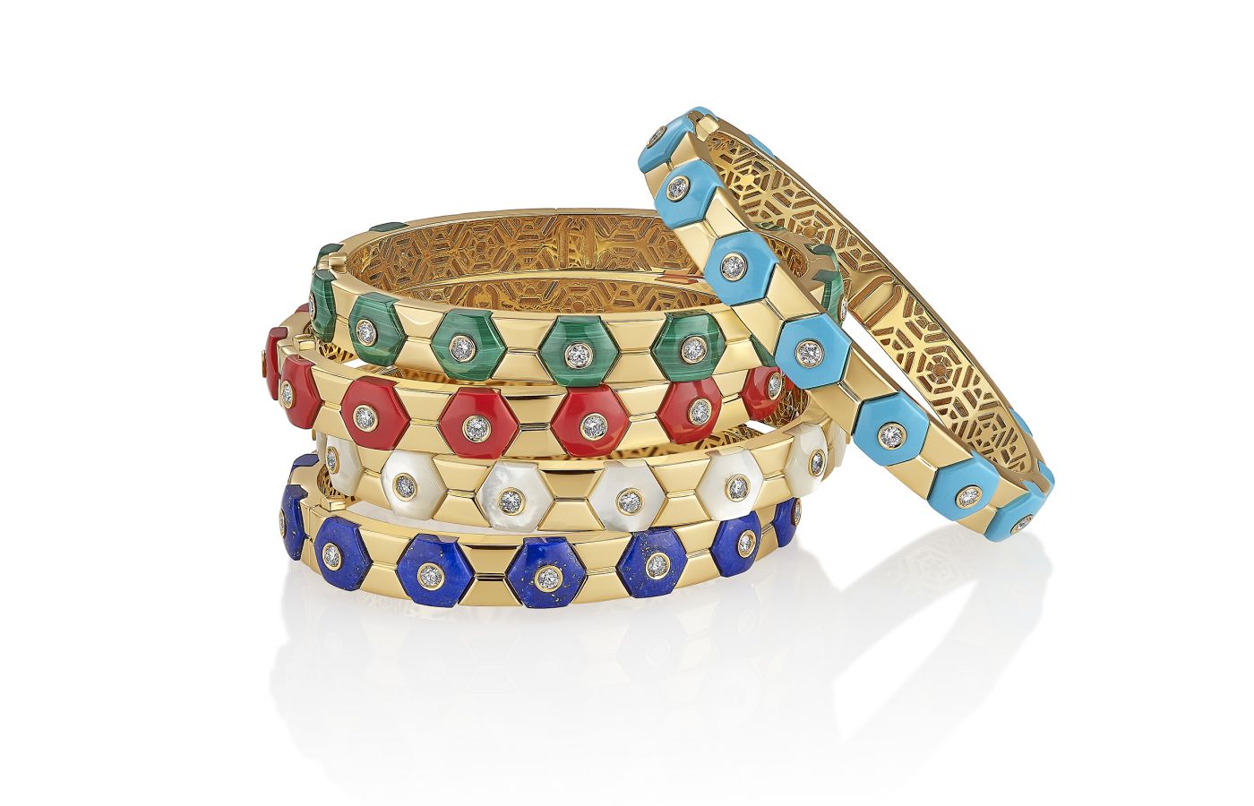 Miseno Baia bangles in 18k yellow gold with natural turquoise, malachite, composite coral, mother of pearl and lapis lazuli  