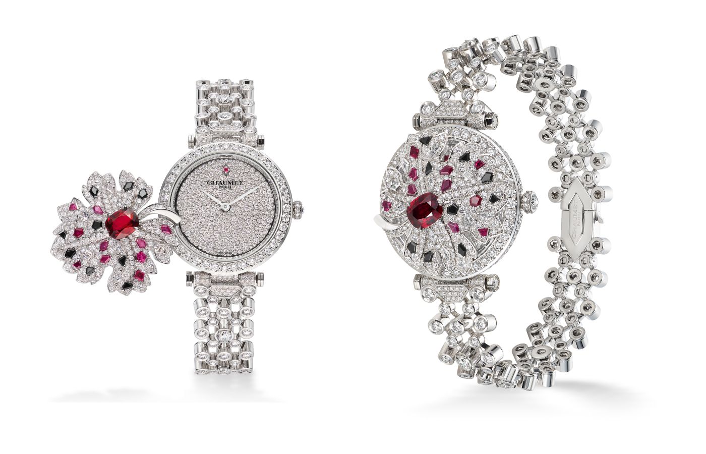 Chaumet Feuille de Vigne High Jewellery watch in white gold, ruby, spinel and diamond from Le Jardin de Chaumet collection