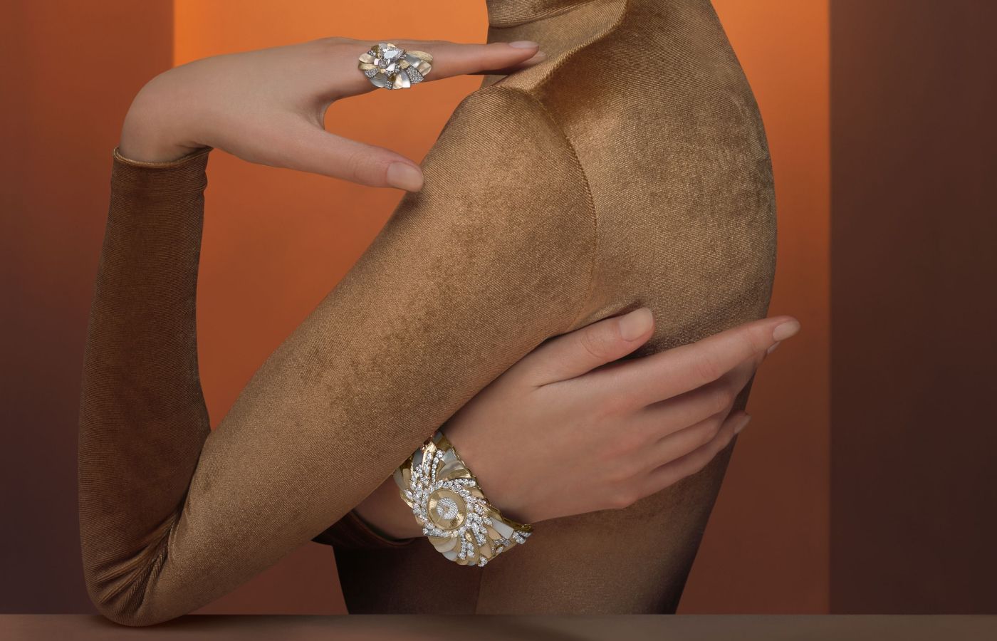 Model wearing Piaget High Jewellery watch in gold, white gold, mother of pearl and diamonds from the Metaphoria Chapter II collection