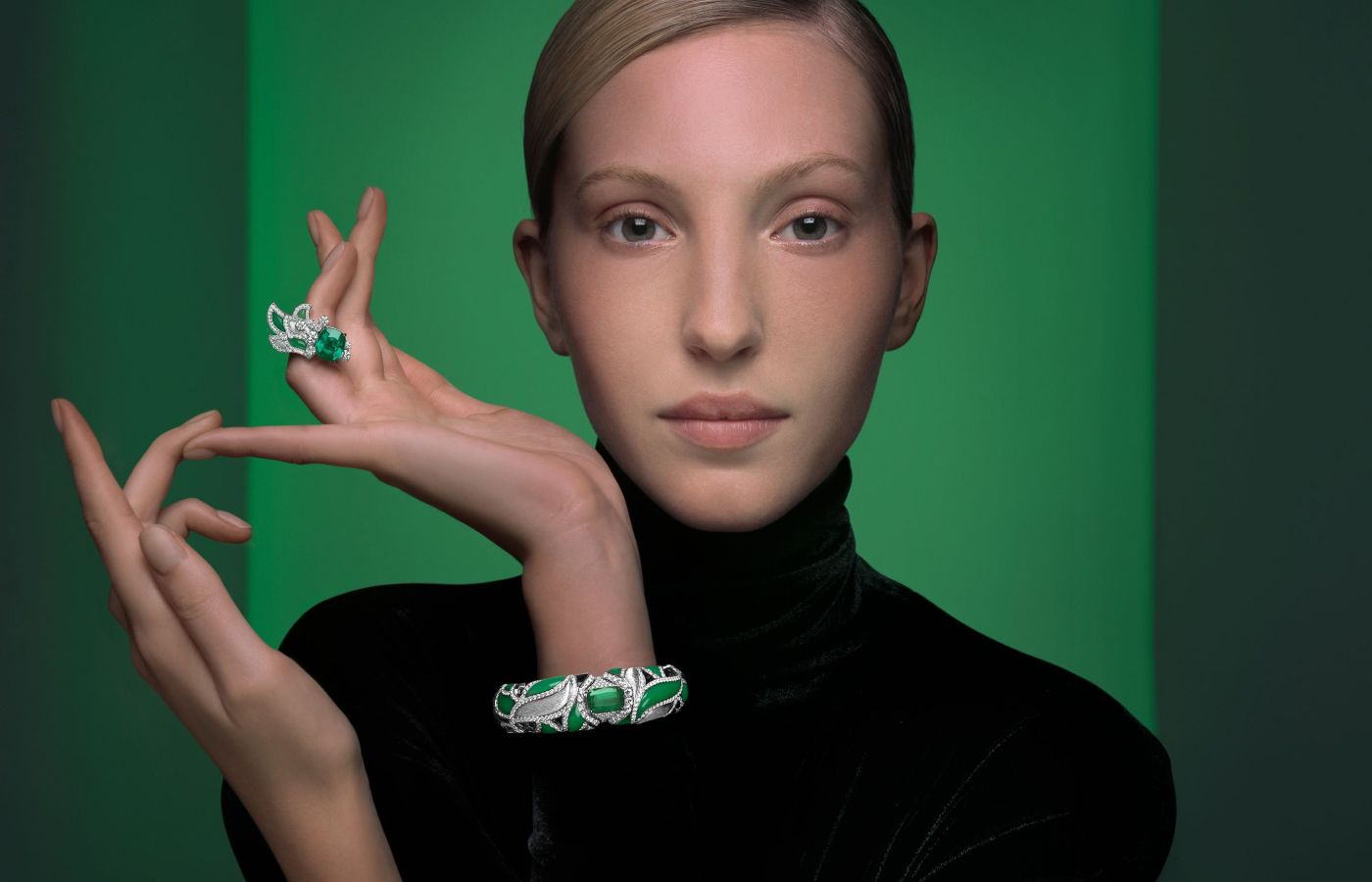 Model wearing Piaget High Jewellery watch in white gold, emerald, chrysoprase and diamond from the Metaphoria Chapter II collection