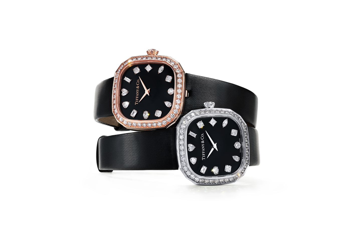 Tiffany & Co. Tiffany Eternity Cushion watches in white and rose gold with a cushion-shaped black lacquered dial with 12 hand-set diamonds