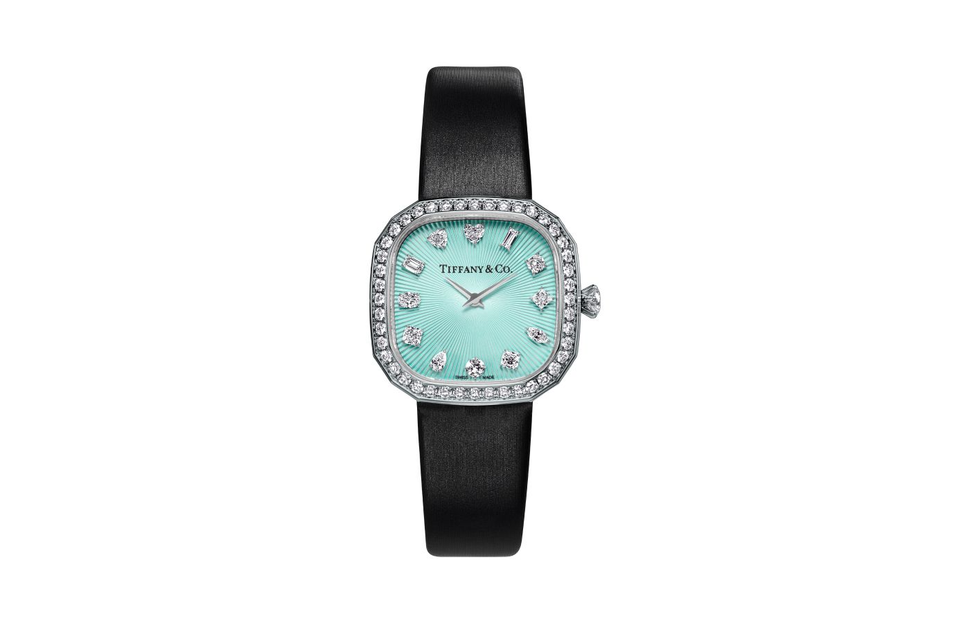  Tiffany & Co. Tiffany Eternity Cushion watche in white gold with a cushion-shaped Tiffany blue lacquered dial with 12 hand-set diamonds