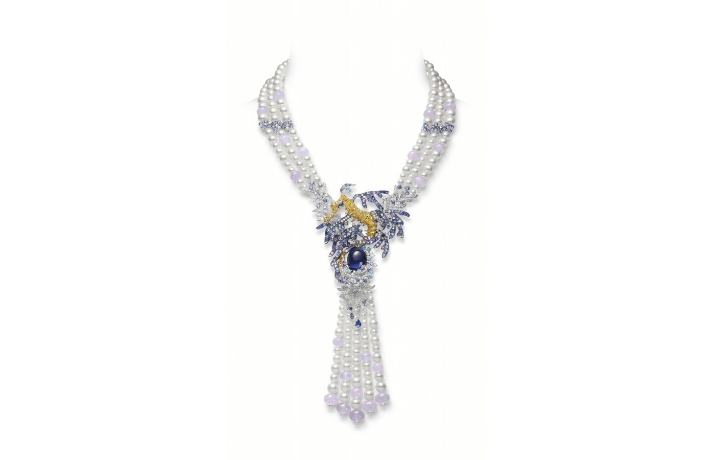 Mikimoto high jewellery necklace in gold, pearl, chalcedony, sapphire and diamond from the Praise to the Sea collection