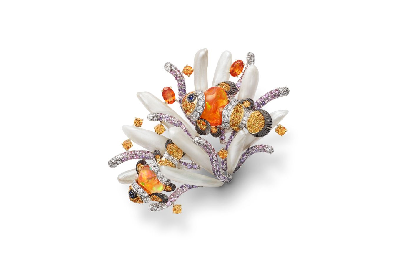  Mikimoto high jewellery brooch in gold, sapphire, mother of pearl, opal, onyx and diamond from the Praise to the Sea collection