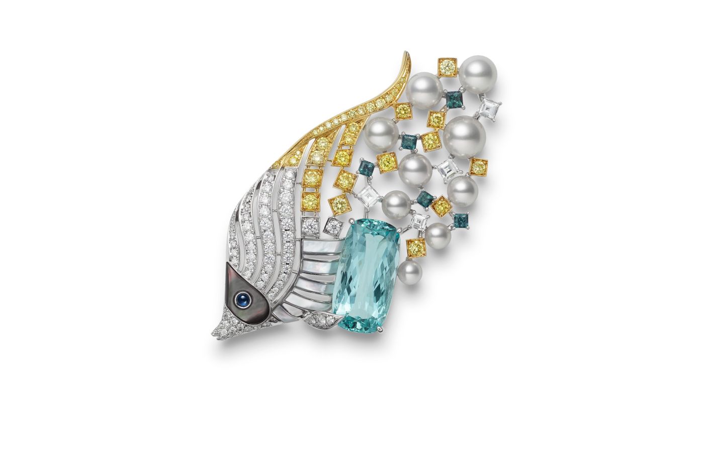  Mikimoto high jewellery brooch in white gold, aquamarine, mother of pearl, sapphire and diamond from the Praise to the Sea collection