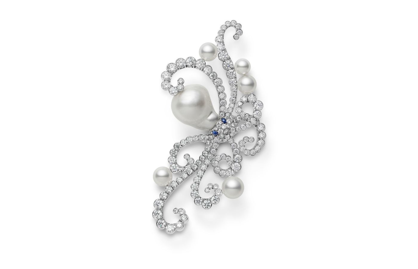  Mikimoto high jewellery brooch in white gold, pearl, diamond and sapphire from the Praise to the Sea collection 