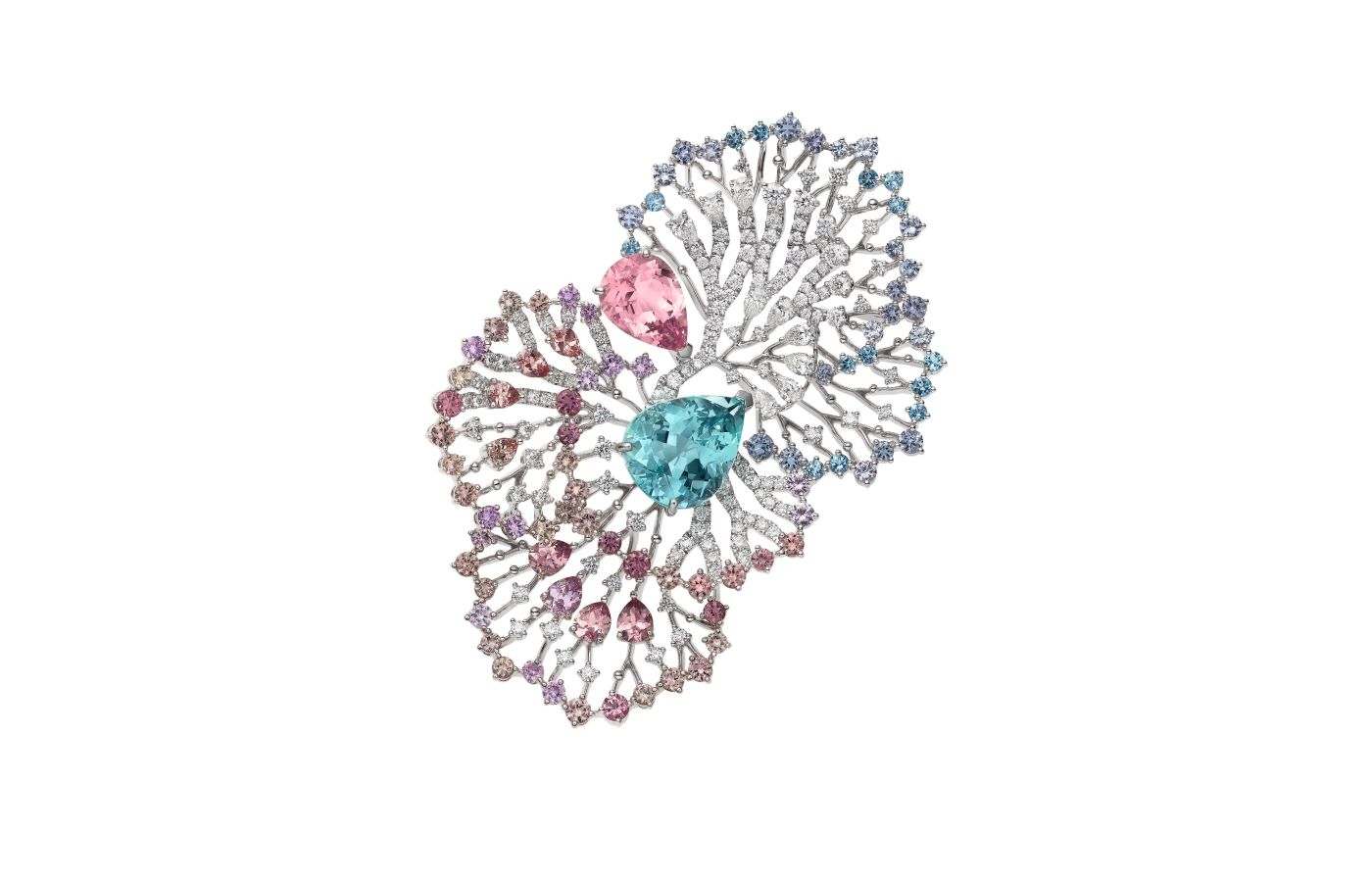  Mikimoto high jewellery brooch in white gold, Paraiba tourmaline, sapphire and diamond from the Praise to the Sea collection 
