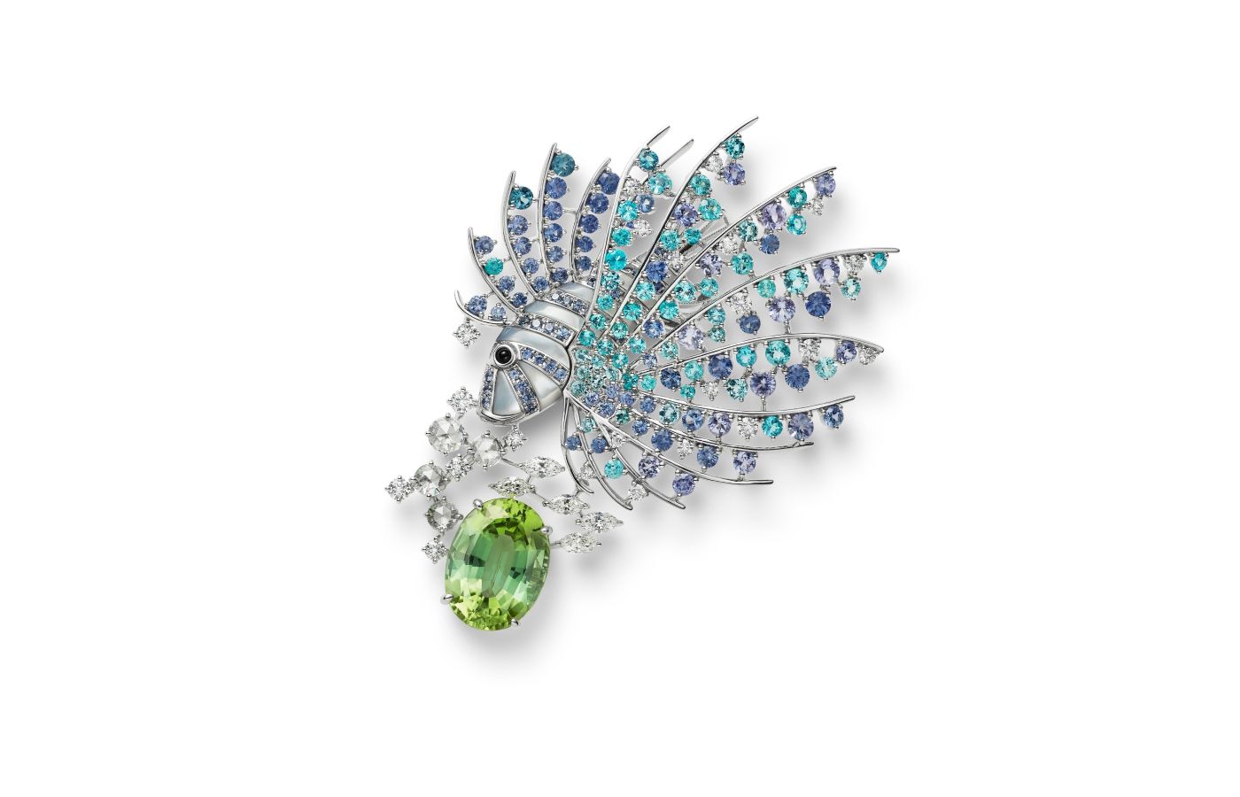  Mikimoto high jewellery brooch in white gold, mother of pearl, sapphire, peridot, Paraiba tourmaline and diamond from the Praise to the Sea collection