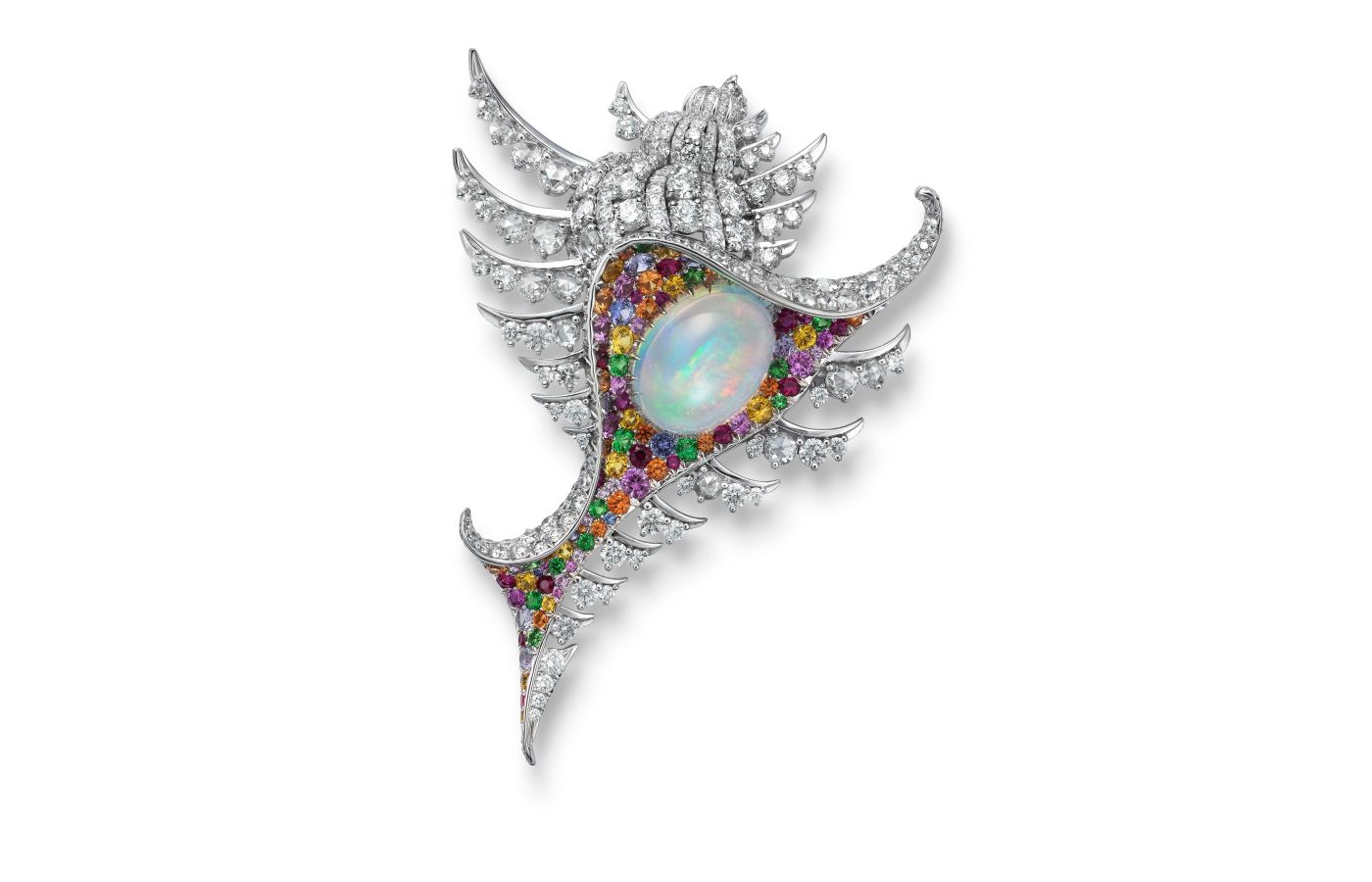 Mikimoto high jewellery brooch in white gold, multicoloured sapphires, opal and diamond from the Praise to the Sea collection