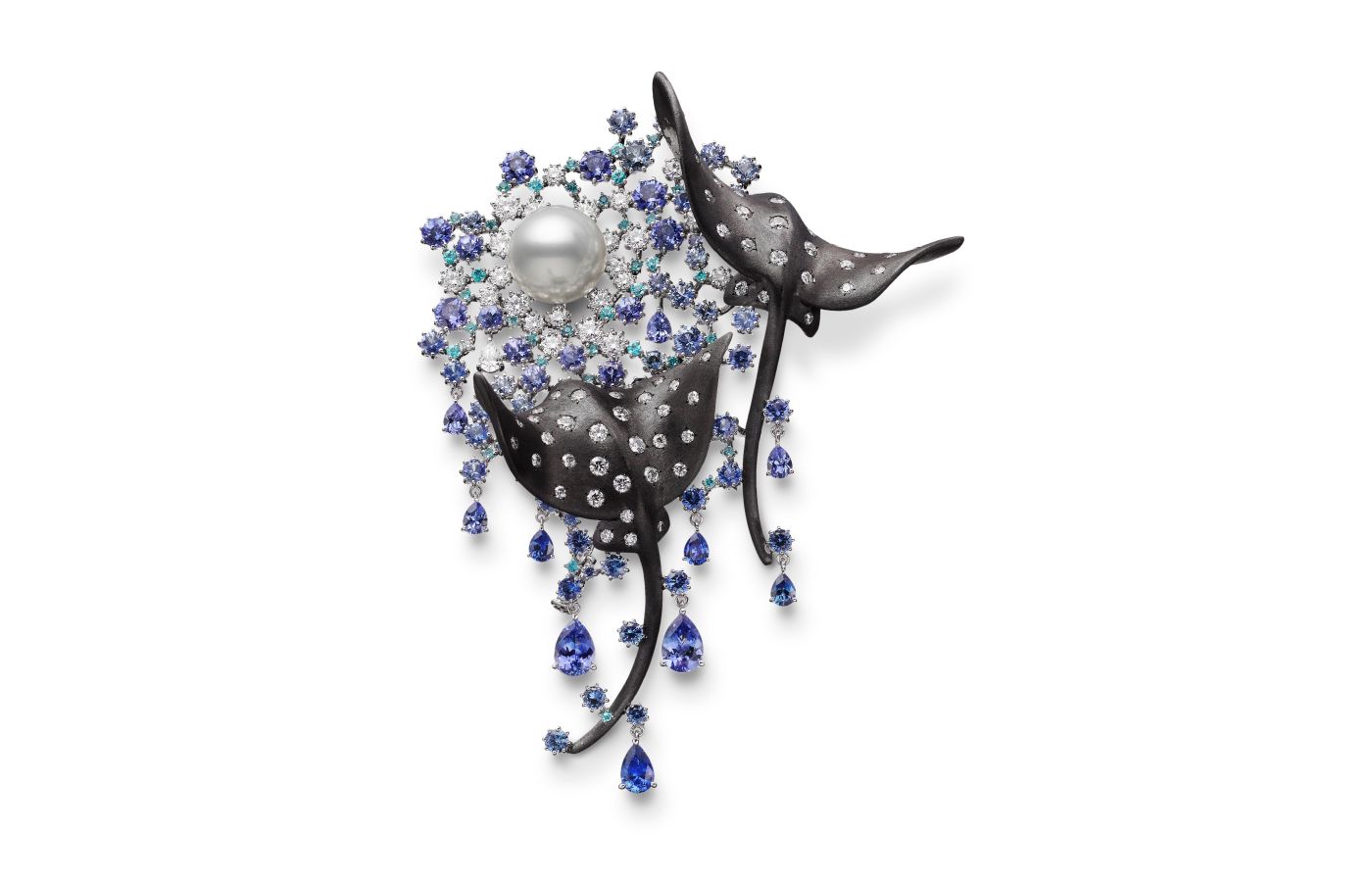  Mikimoto high jewellery brooch in white gold, rhodium, pearl, Paraiba tourmaline, sapphire and diamond from the Praise to the Sea collection
