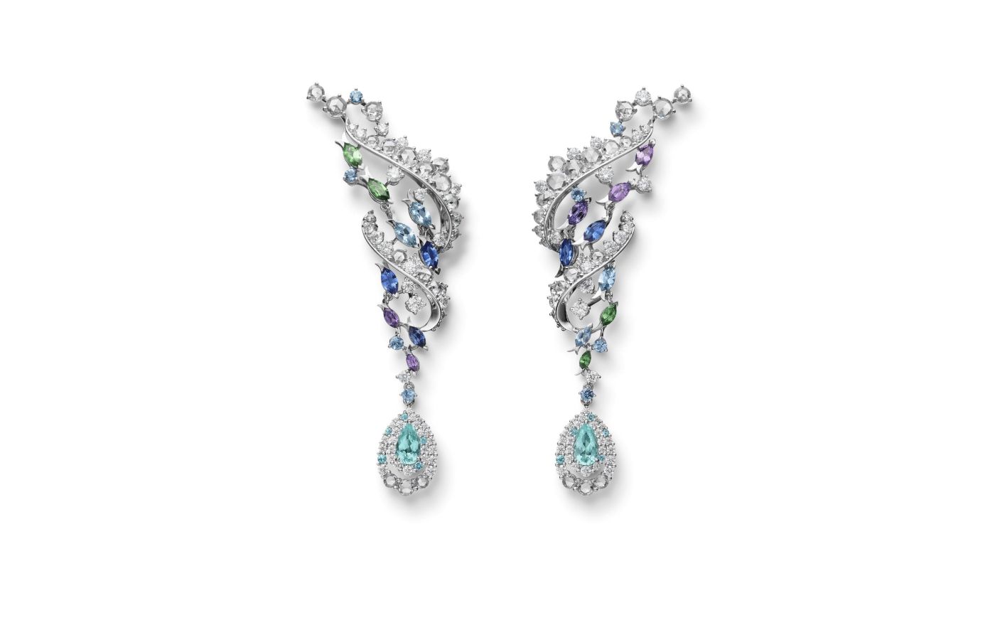  Mikimoto Blue Whale high jewellery earrings in white gold, Paraiba tourmaline, sapphire, tourmaline and diamond from the Praise to the Sea collection