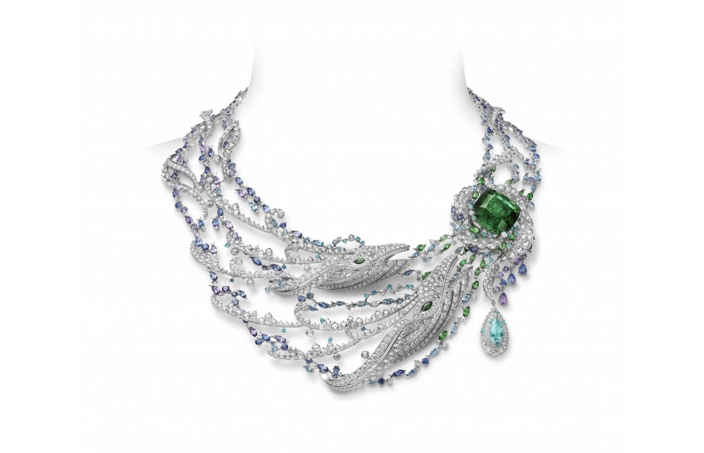 Mikimoto Blue Whale high jewellery necklace in white gold, Paraiba tourmaline, sapphire, a  41.54-ct green tourmaline and diamond from the Praise to the Sea collection