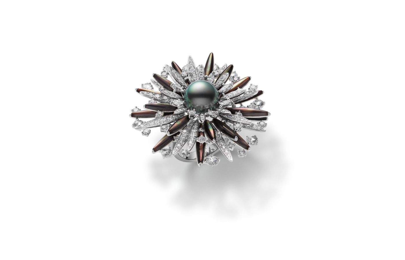  Mikimoto Sea Urchin high jewellery brooch in white gold, mother of pear, black pearl and diamond from the Praise to the Sea collection