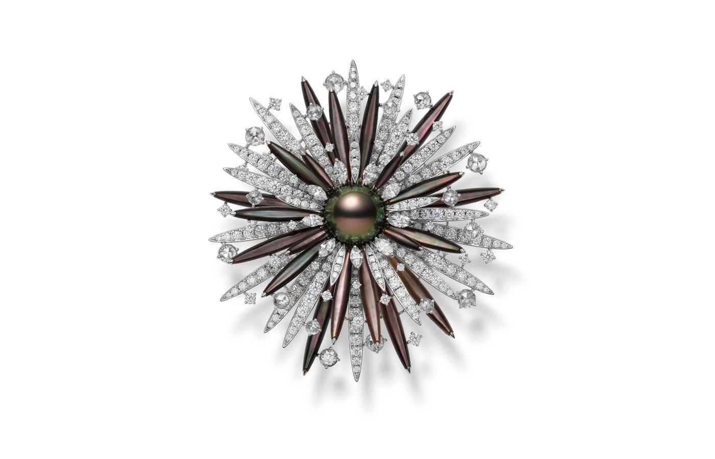 Mikimoto Sea Urchin high jewellery brooch in white gold, mother of pear, black pearl and diamond from the Praise to the Sea collection