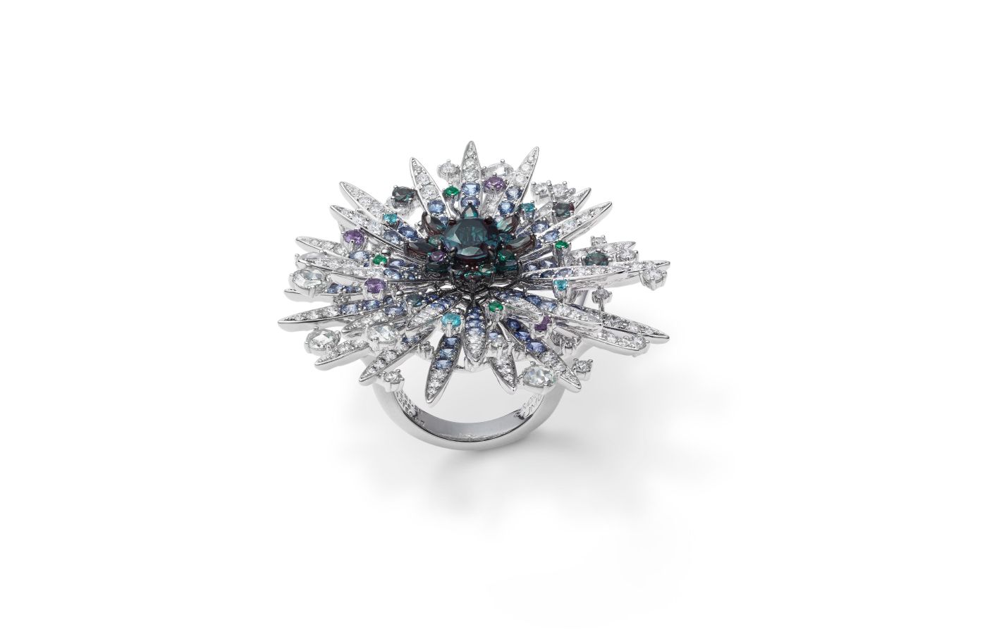  Mikimoto Sea Urchin high jewellery ring in white gold, alexandrite, Paraiba tourmaline, sapphire and diamond from the Praise to the Sea collection
