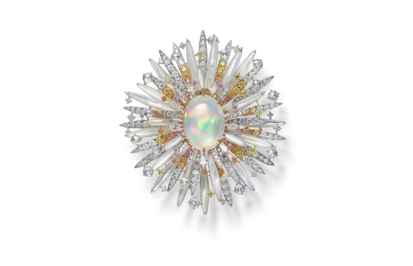  Mikimoto Sea Urchin high jewellery brooch in white gold, opal, garnet, sapphire, mother of pearl and diamond from the Praise to the Sea collection