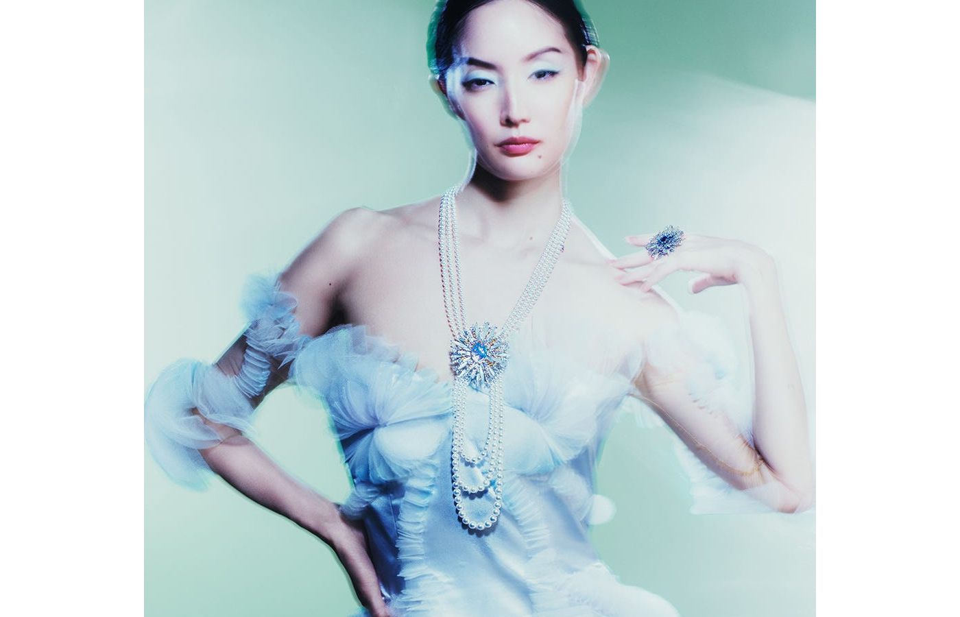 Model wearing Mikimoto Sea Urchin high jewellery suite from the Praise to the Sea collection