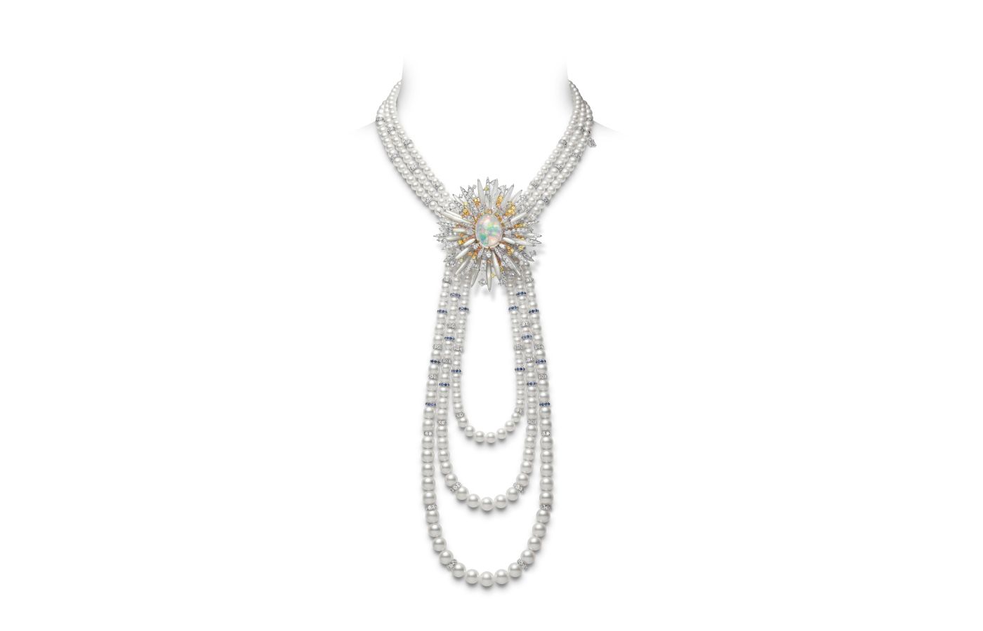  Mikimoto Sea Urchin high jewellery necklace in white gold, pearl, opal, garnet, sapphire, mother of pearl and diamond from the Praise to the Sea collection