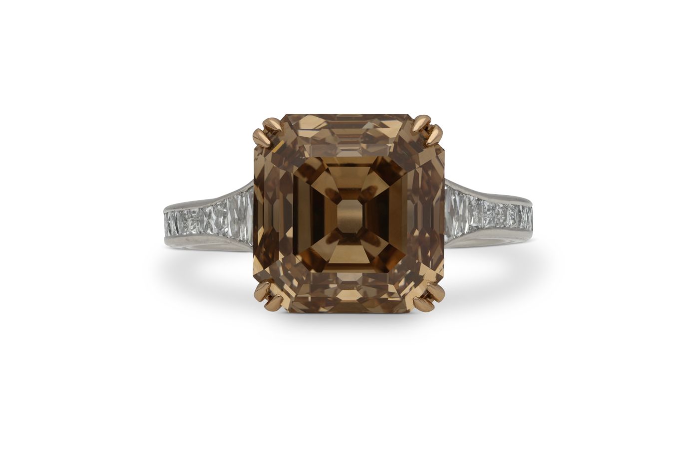Hancocks 6.39-ct Fancy Yellow-Brown Asscher-cut diamond ring with French-cut diamond shoulders